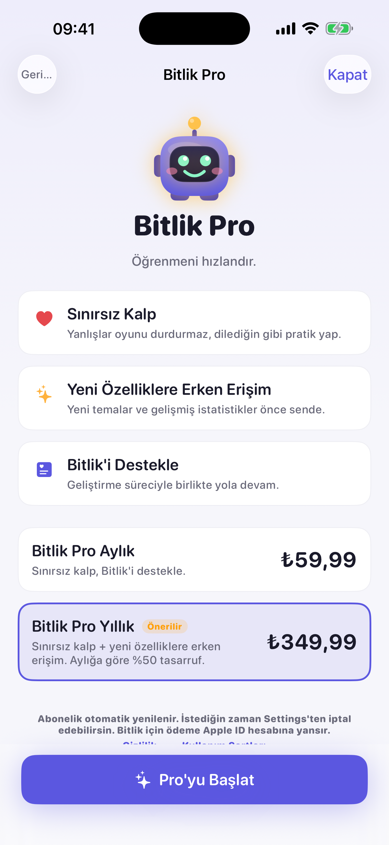 Bitlik Pro paywall ekranı