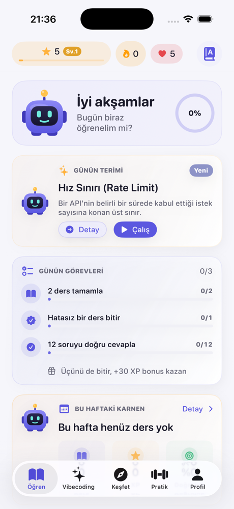 Bitlik ana ekranı — günün dersi, görevler ve terim