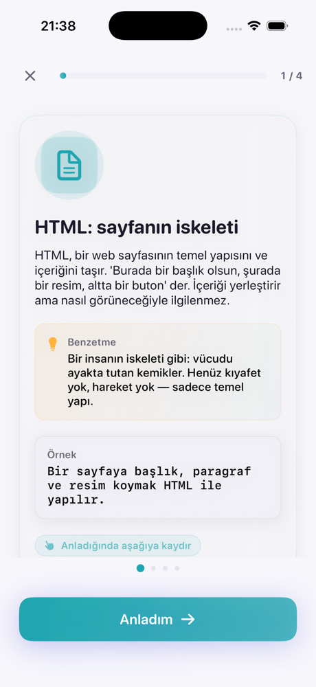 Bitlik ders ekranı — HTML konsepti